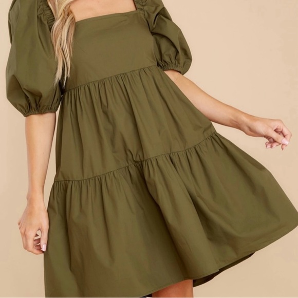 Showpo Olive Army Green Puff Sleeve Tie Back Ruffle Tiered Dress Size 6 - Picture 7 of 8